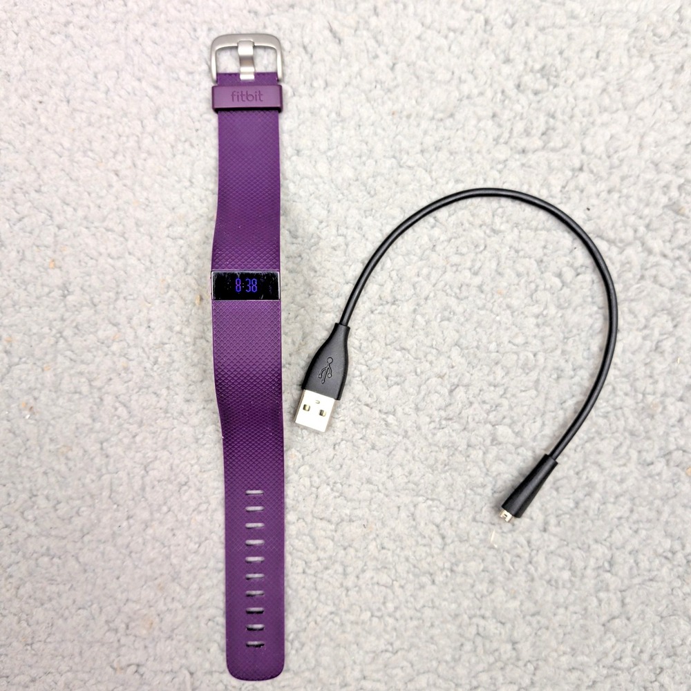 Fitbit Charge HR Wireless Activity Wristband Purple Plum Large FB405 w/ Cable